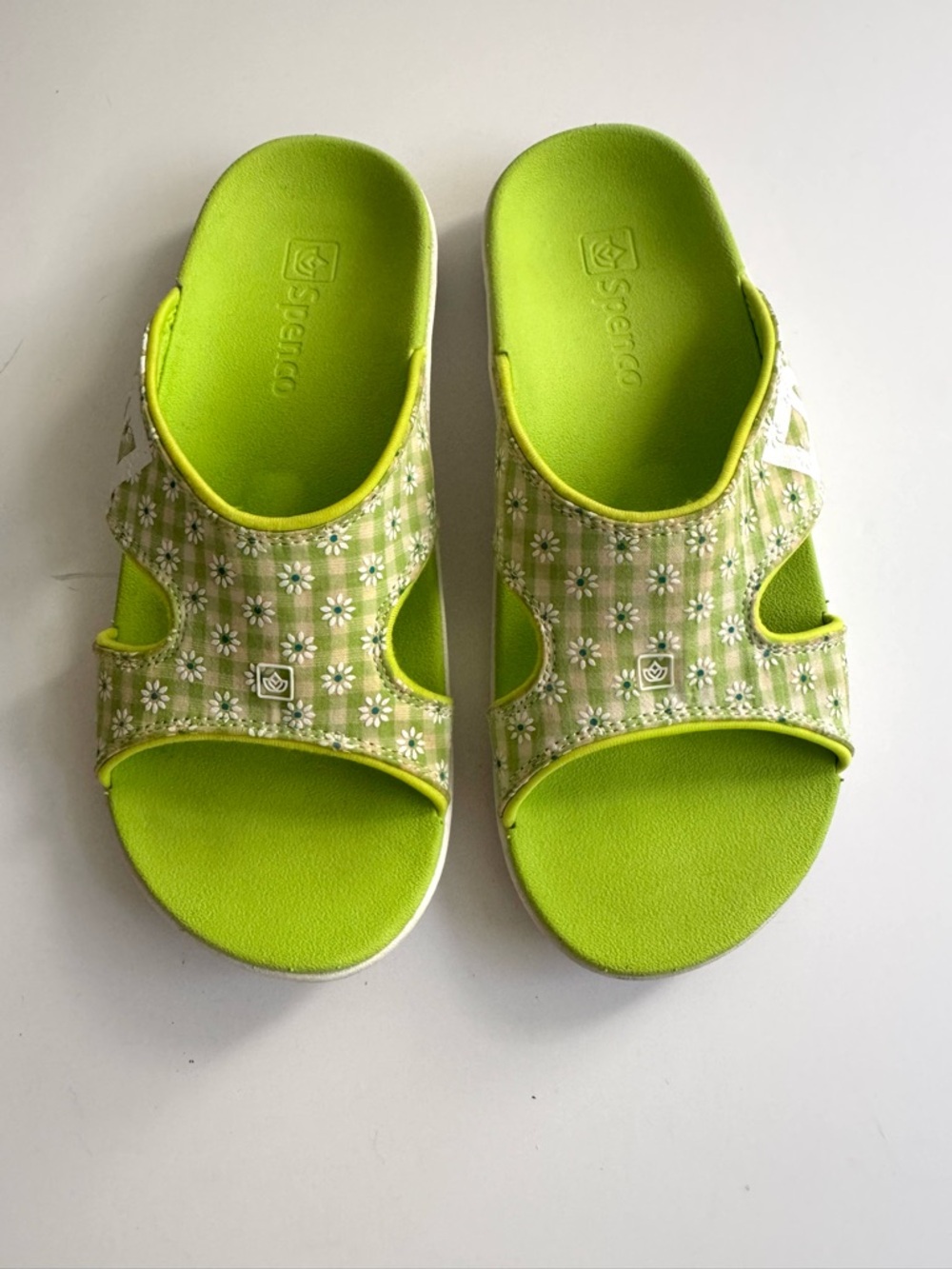 Spenco Lime Green Floral Slide Sandals